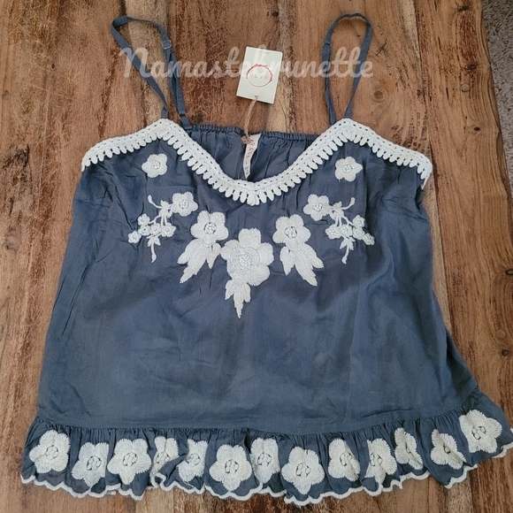 RAGA Tops - NWT Boho Blue Embroidered & Beaded Babydoll Tank Top